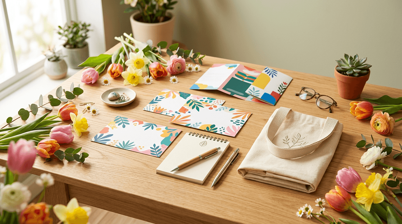 Spring marketing products flat lay with flowers, printed materials, and branded items on a desk