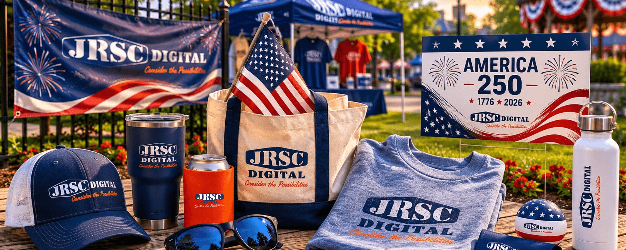 Summer marketing display with patriotic July 4th materials, apparel, promotional products, and event signage