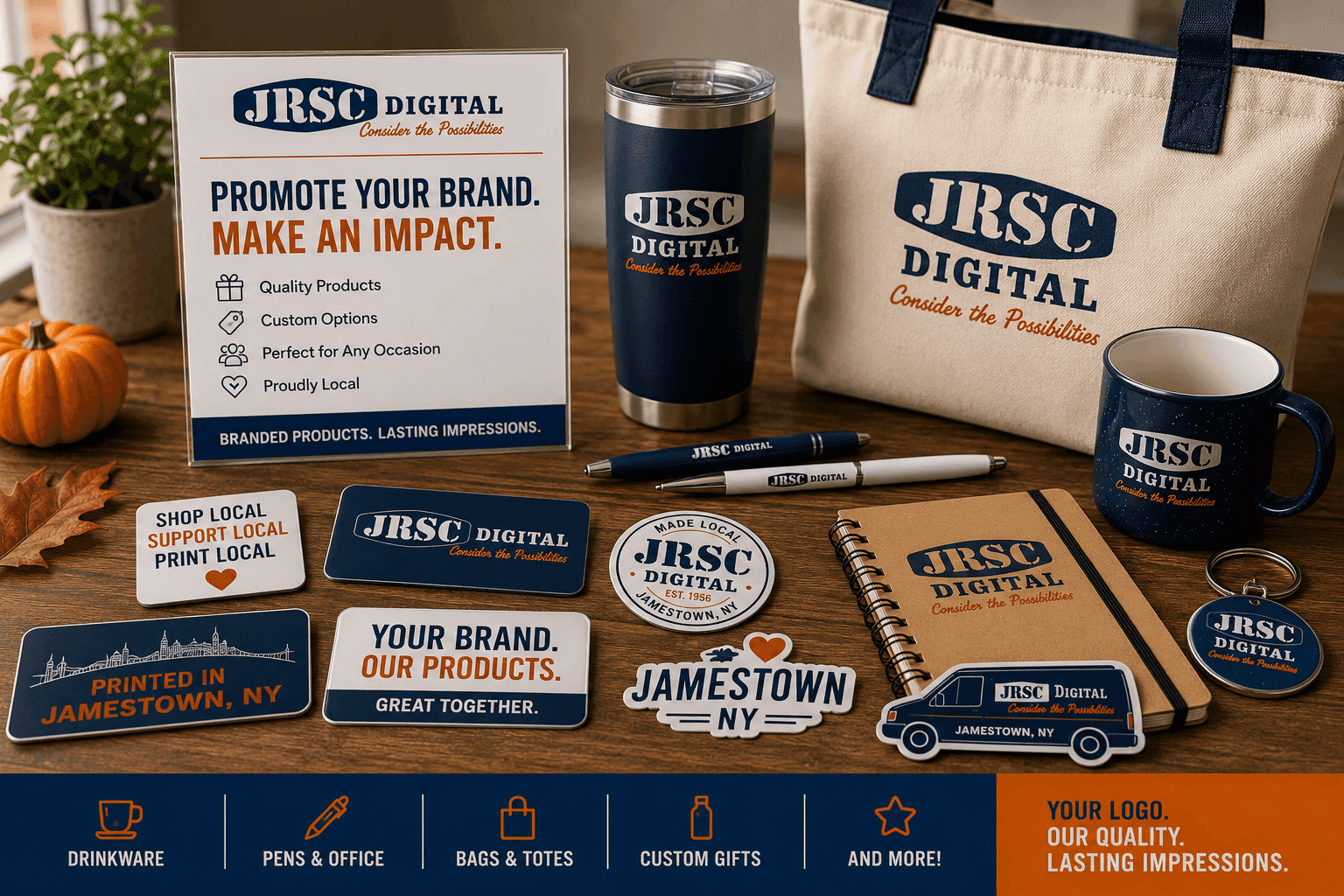 Promotional products including drinkware, stickers, notebooks, and tote bags