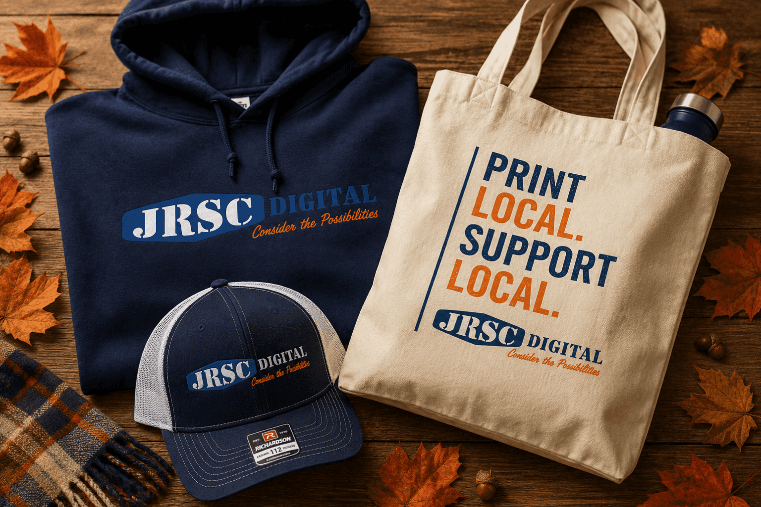 Fall-themed JRSC Digital apparel, hat, and tote bag surrounded by autumn leaves