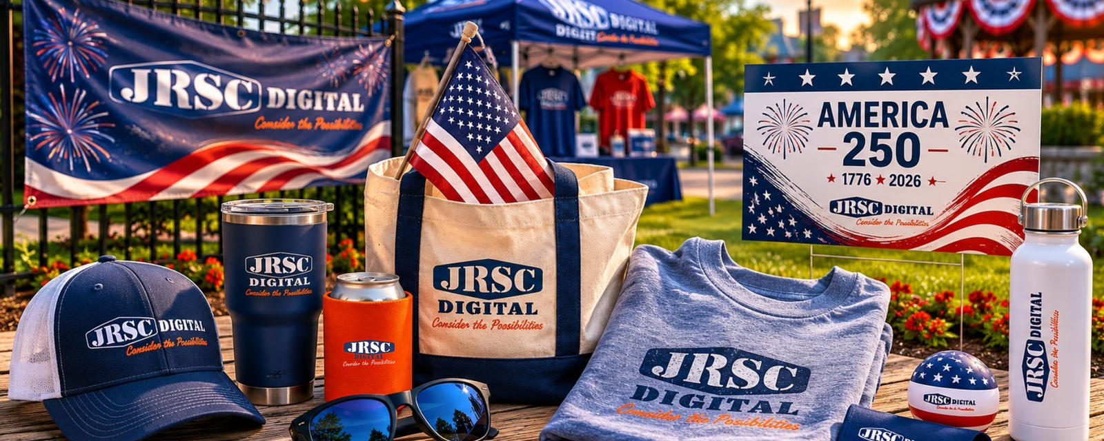Summer marketing display with patriotic July 4th materials, apparel, promotional products, and event signage